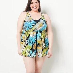 Denim & Co. Beach Printed V-Neck Surplice Swim Dress Black/Aqua/Palm Plus 20W
